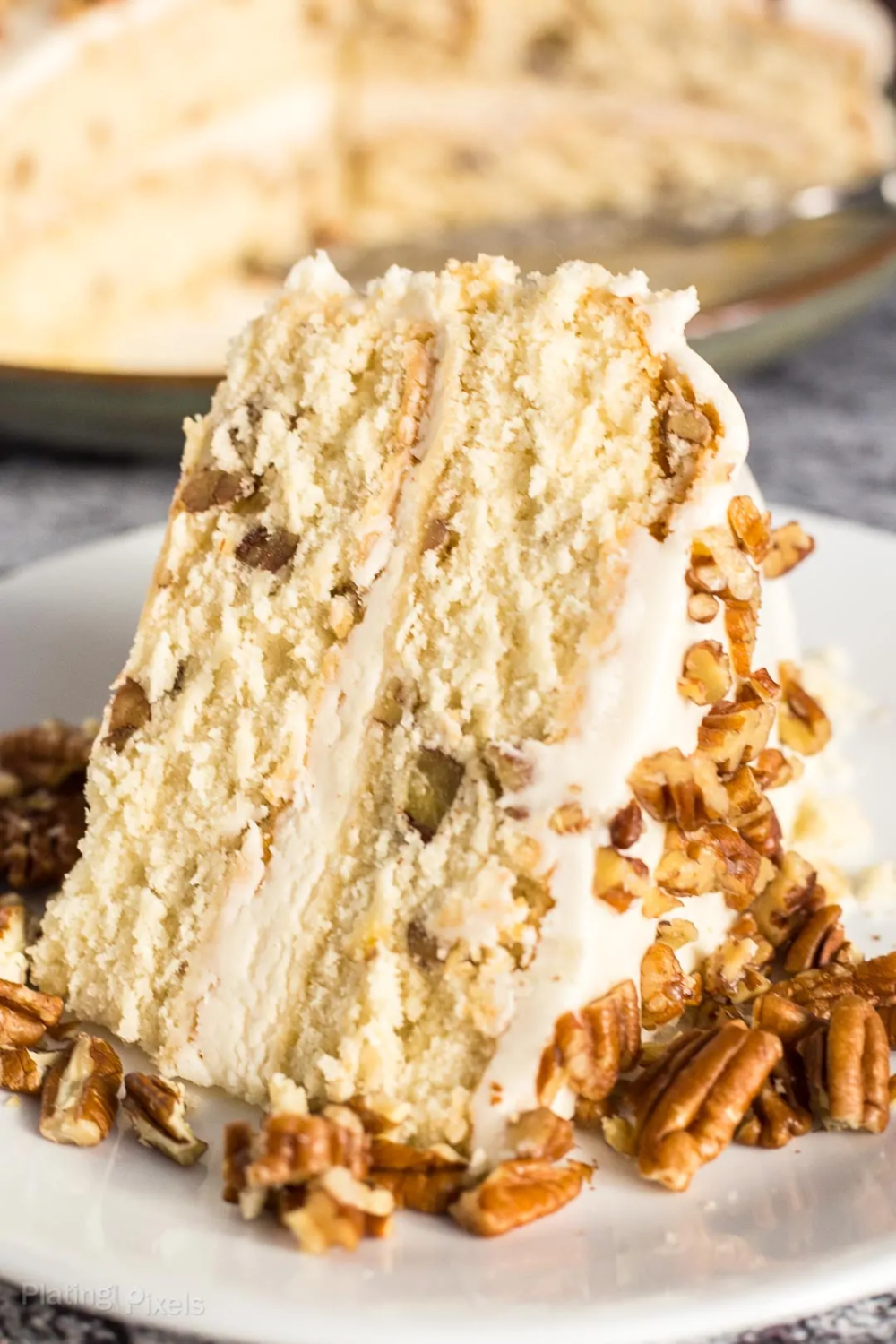 Layered Butter Pecan Cake (with Buttercream Frosting) - Plating Pixels Homemade Cake Recipes, Cupcake Recipes, Baking Recipes, Cupcake Cakes, Cupcakes, Cookbook Recipes, Cake Recipes Easy Homemade, Pecan Recipes, Poke Cakes