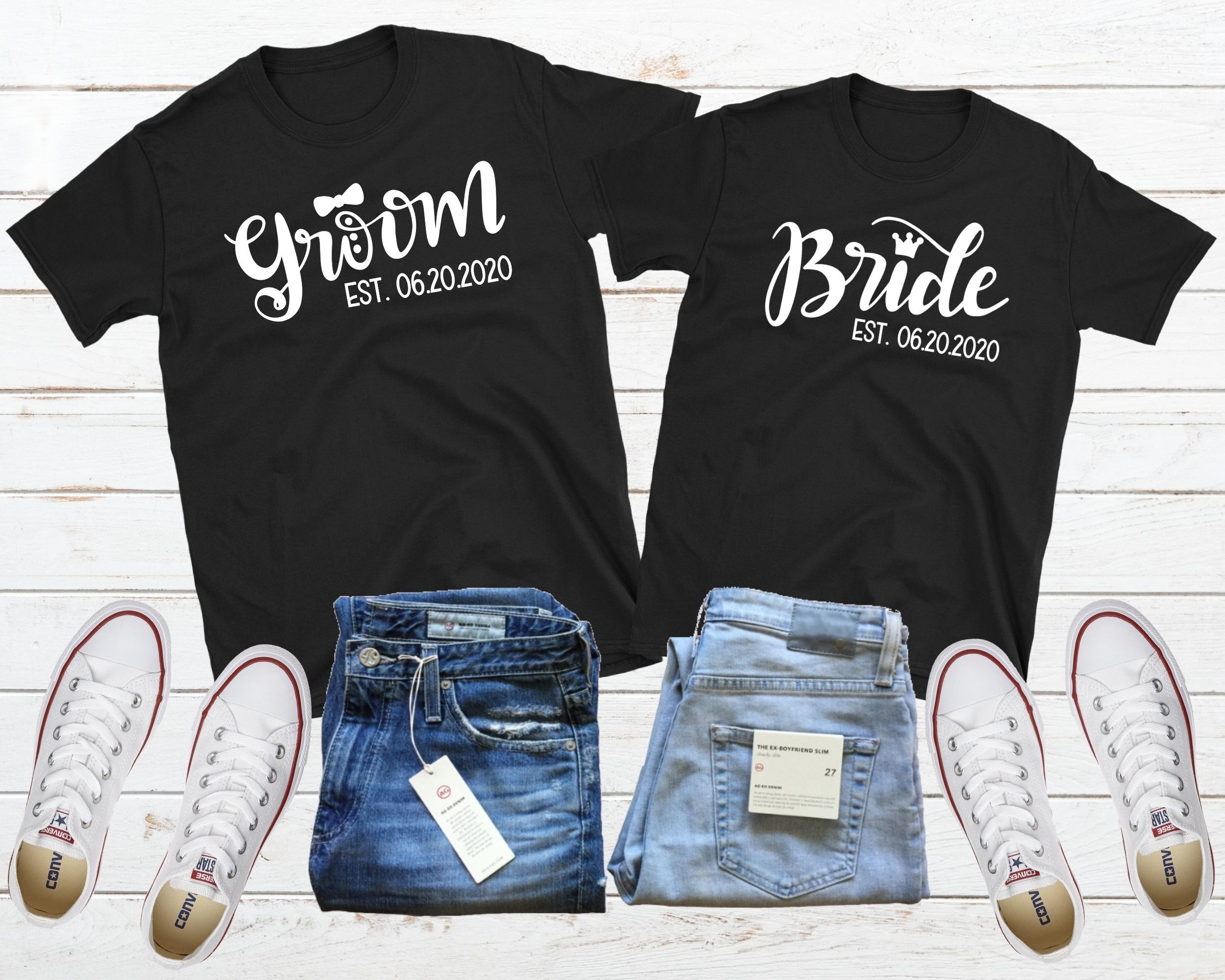 Many Colors Mr and Mrs Just Married Couples Personalized Hoodie Sweatshirt Set Bride and Groom Wedding Honeymoon Shirts