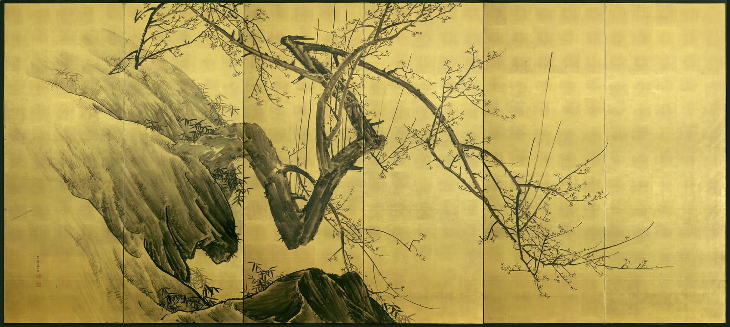 A Pair Of Six Fold Paper Screens Painted In Ink And A Pair Of Six Fold Paper Screens Painted In Ink And