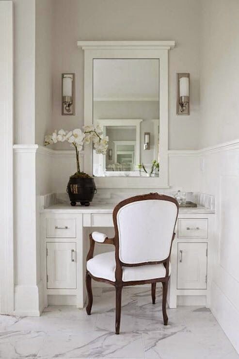 Chair Rail Vanity Part - 21: Milton Development: Master Bathroom With Gray Paint Color Chair Rail And White Paneled Walls.dark And Light Contrasts. White Framed Mirror With Sconces