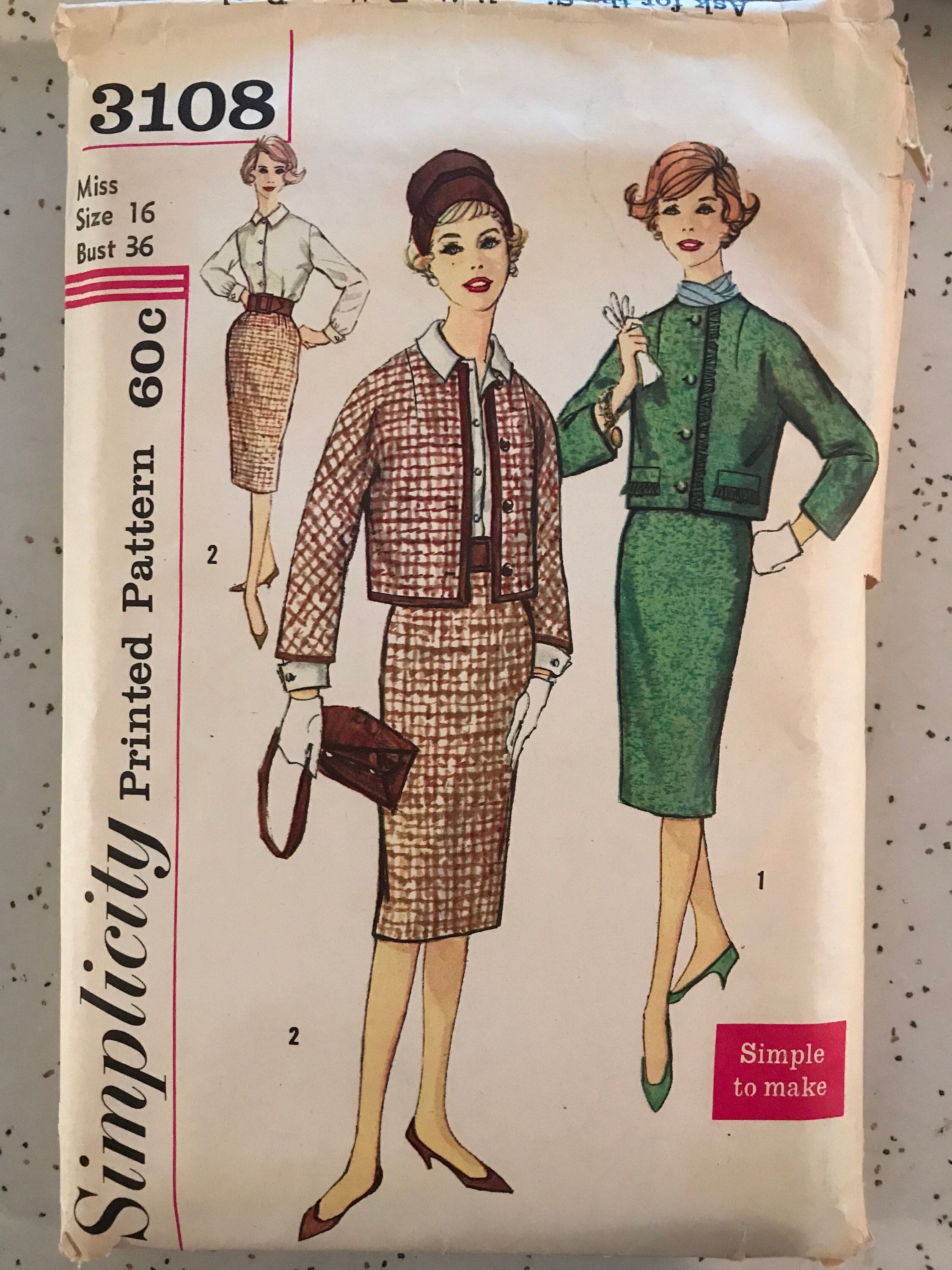 "This is a 1960s era Simplicity pattern for a misses suit set and blouse. Jacket has round neckline, 7/8 length kimono sleeves, button front closing and is always lined. Slim skirt has side zipper closing and back kick pleat. Blouse has convertible collar, button front closing, long set-in sleeves with French cuffs. V.1 Jacket can have optional purchased fringe. V.2 jacket features braid trim. Size 16 Bust 36\" Pattern is cut and complete" French Cuff, Kick Pleat, Pattern Cutting, Simplicity Patterns, Kimono Sleeve, Point Collar, Side Zipper, Braid, Round Neckline