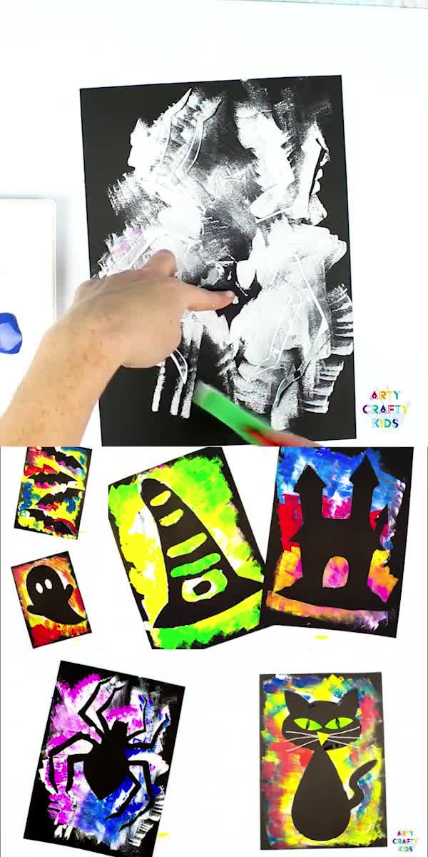 Silhouette Halloween Art - A fun and easy Halloween craft for kids! Create brightly coloured, abstract Silhouette Halloween Art with a fun choice of Halloween themed templates, including a Witches Hat, Haunted House, Friendly Ghost, Bats, Spider and cute Black Cat! #artycraftykids #kidscrafts #craftsforkids #halloween #halloweencraftsforkids