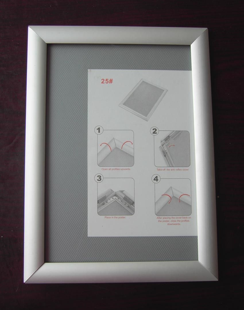 Wall Mounted Snap Frame 25mm, Clip Frame 25mm, Snapper Frame Material : Aluminum. Usage : Display. Shape : Square. Internal Size : Customized. External Size : Customized. Style : Modern. Combination : Single Frame. Color : Silver. Picture Card : Posters. Condition : New. Product Name Model Name: Aluminum snap frame Item No.: JH4-4 Model Size: A0-A4, customized Packing: Polybag per piece, individual box if need. Product Description 1. Our poster frame is made of anodized aluminium which looks Photo Picture Frames, Picture Cards, Flying Banner, Brochure Holders, Clip Frame, Aluminum Extrusion, Banner Stands, Outdoor Banners, Flag Stand