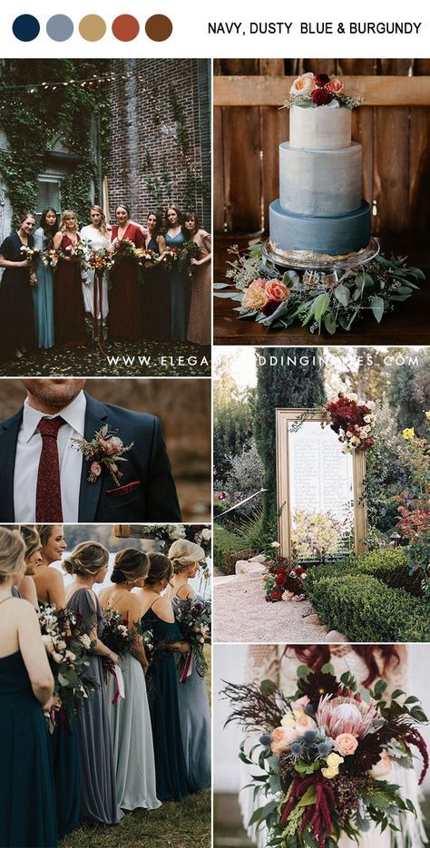 chic moody dark navy, dusty blue, burgundy and peach fall wedding colors Fall Wedding Color Schemes, Winter Wedding Colors, Wedding Palette, Wedding Theme Colors, Marine Wedding Colors, Fall Wedding Themes, Navy Blue Wedding Theme, Navy And Burgundy Wedding, Dream Wedding