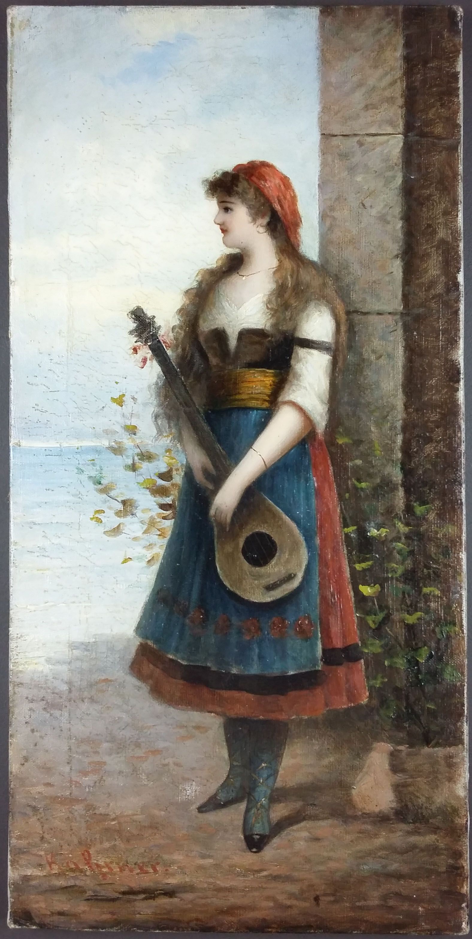 Artmeo Woman With Mandolin By The Artist Kahrner In The 19th Century Oil On Canvas Signed