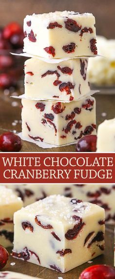 White Chocolate Cranberry Fudge is made with sweetened condensed milk and dried cranberries! It's super easy and perfect for Christmas! Köstliche Desserts, Holiday Desserts, Holiday Baking, Holiday Recipes, Delicious Desserts, Dinner Recipes, Food Deserts, Dessert Healthy, Dinner Healthy