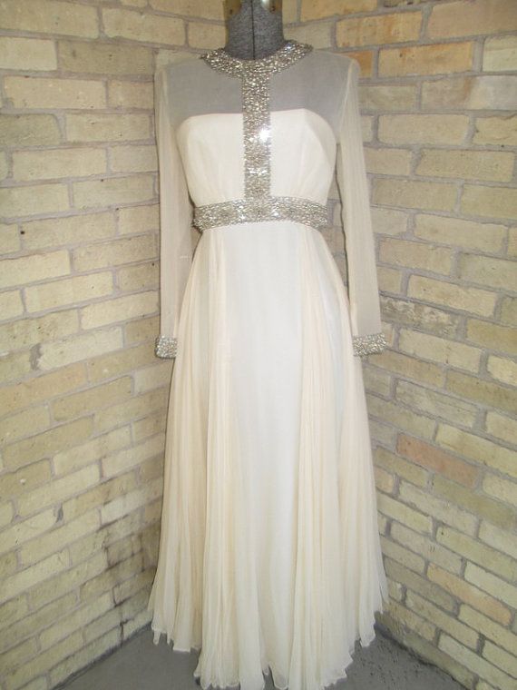 Cream Beaded Bridesmaid Dress 3 Vintage Cream Chiffon Gown Beaded Formal Rhinestone Etsy