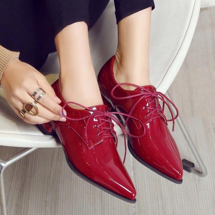 Women/'sshiny Pointy Toe faux Patent Leather Lace Up Flat casual Oxford Shoes