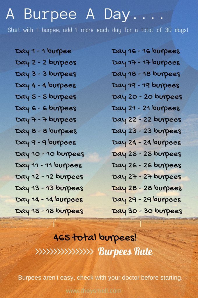 30 Day Burpee Challenge - start with one burpee and work your way up to 30 the final day! #fitness #...