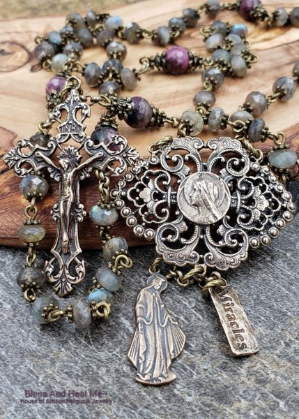 One of the Kind Blessed Virgin Mary Lord of Miracles Bronze Heirloom Labradorite Tourmaline Ornate Rosary Faith,Joy,Happiness,Abundance #rosaryjewelry