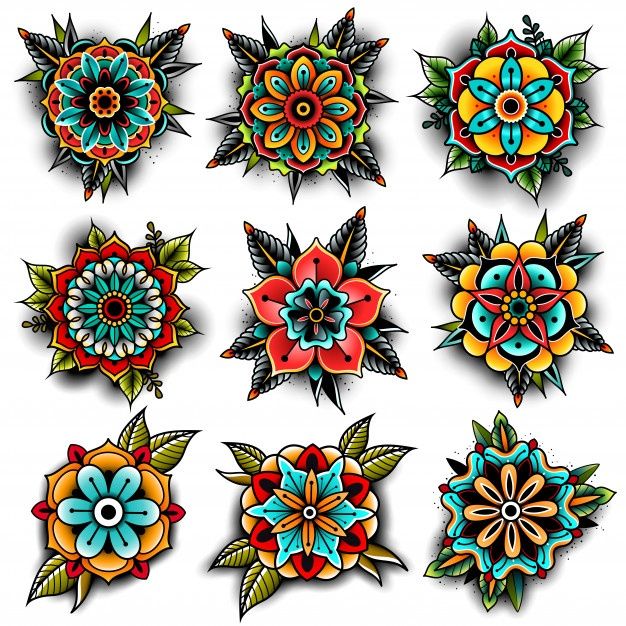 Conjunto de flores de tatuagem da velha ... | Premium Vector #Freepik #vector #flor #vintage #floral #escola Traditional Tattoo Flowers, Traditional Tattoo Sleeve, Traditional Tattoo Design, American Traditional Tattoo, Traditional Tattoos, Neo Traditional, Traditional Tattoo Old School, Elbow Tattoos, New Tattoos