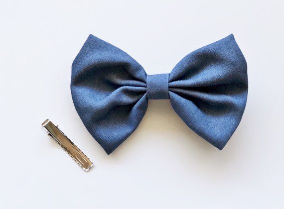 Blue denim chambray barrette fabric bow metal hair clip barrette hair 4/" wide