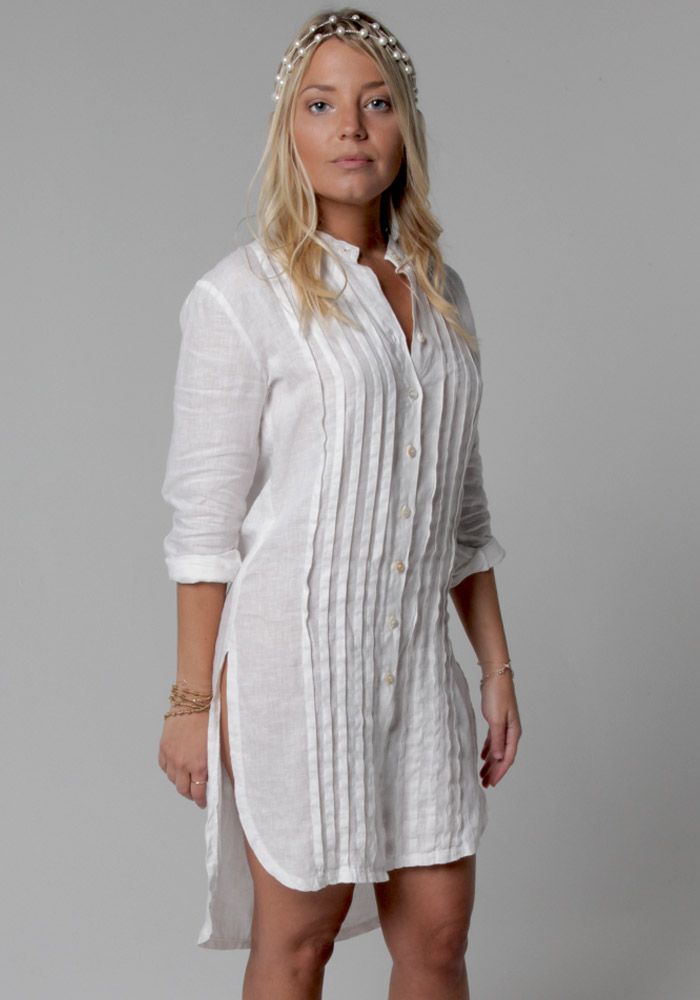 Maligno Maldición acortar 100% LINEN PLEATED BUTTON-DOWN TUNIC IN WHITE | Vestidos de moda para  mujer, Blusones largos de moda, Vestidos camiseros