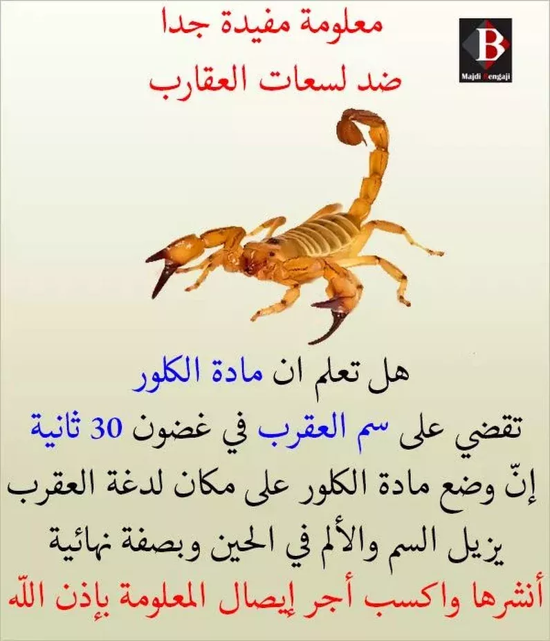 الكلور يقضي على سم لدغة العقرب في 30 ثانية Health Facts Health And Wellbeing Health And Nutrition