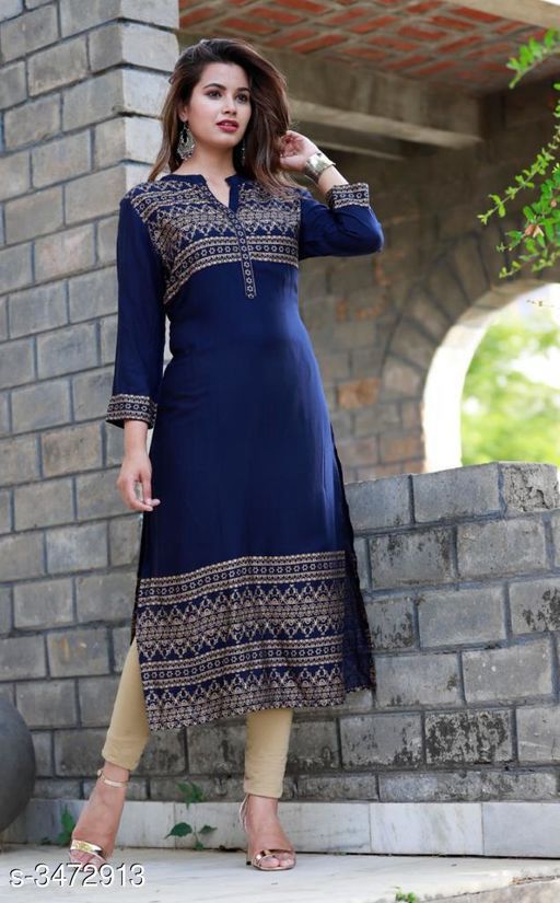 Kurtis & Kurtas Women's Printed Rayon Kurti Fabric: Rayon Sleeve Length: Three-Quarter Sleeves Color: Multicolor Pattern: Printed Length: Knee length Combo of: Single Sizes: XL (Bust Size: 42 INCH Size Length: 46 INCH) L (Bust Size: 40 INCH Size Length: 46 INCH) M (Bust Size: 38 INCH Size Length: 46 INCH) XXL (Bust Size: 44 INCH Size Length: 46 INCH) XXXL (Bust Size: 46 INCH Size Length: 46 I... Embroidery Designs, Stylish Kurtis, Fancy Print, Gold Print, Rayon Kurtis, Kurta Patterns, Yellow Kurti, Frock For Women, Printed Kurti