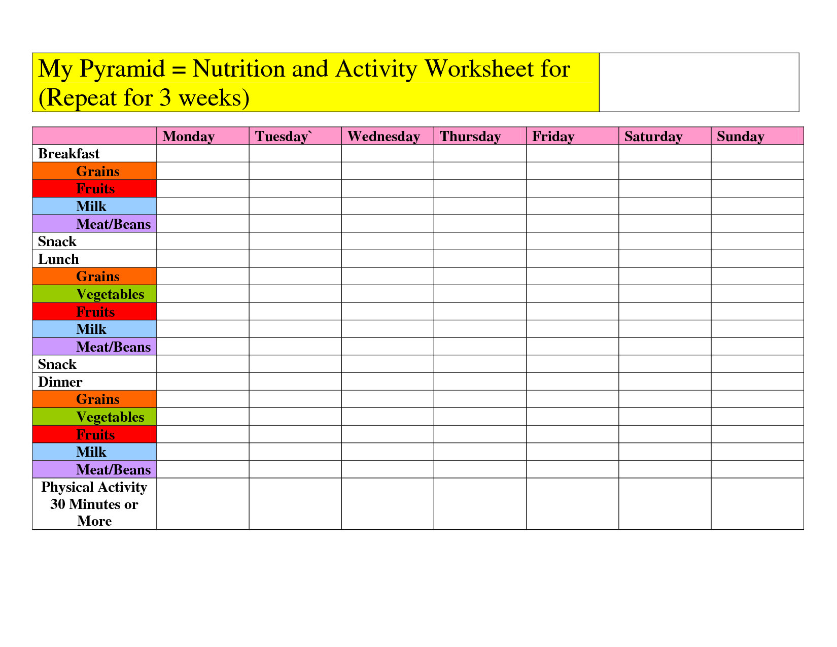 worksheet My Plate Worksheets myplate worksheet my pyramid nutrition and activity for repeat 3 weeks
