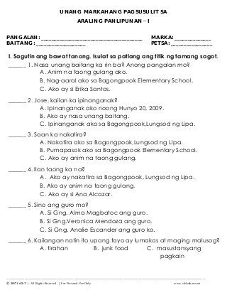 k to 12 grade 1 unang markahang pagsusulit grade 1 12th grade grade