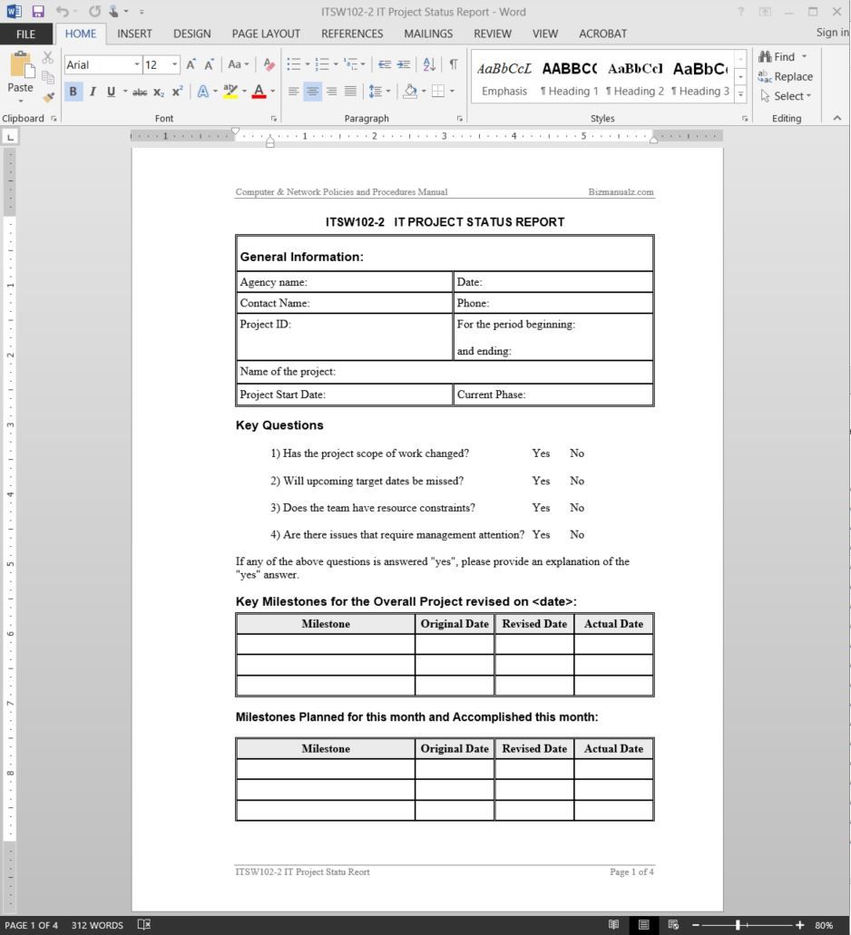 It Project Status Report Template Itsw102 2 With Regard To Software Development Status Report Project Status Report Progress Report Template Report Template