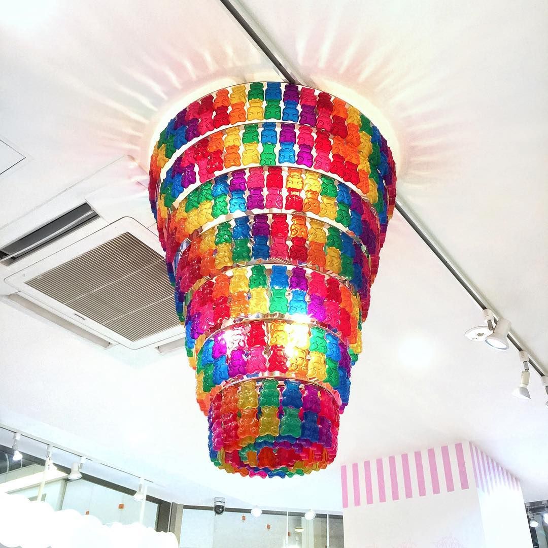 rainbow gummy bear chandelier Diy wine glass candle, Bear decor, Wine