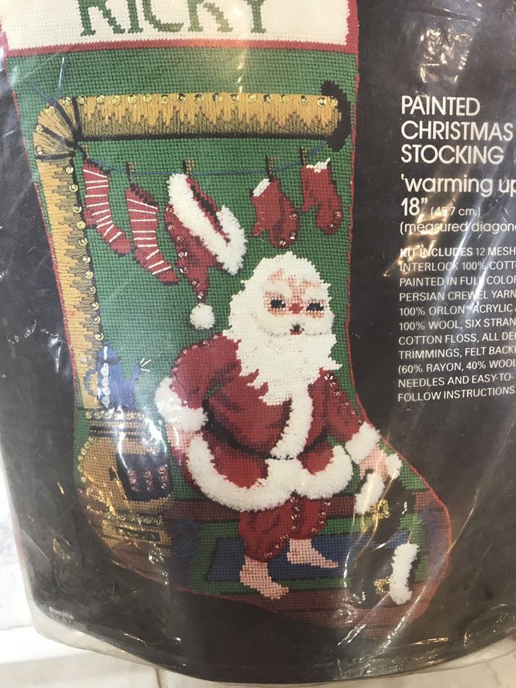 Wool Needlepoint Christmas Stocking Teddy Bear In Santa
