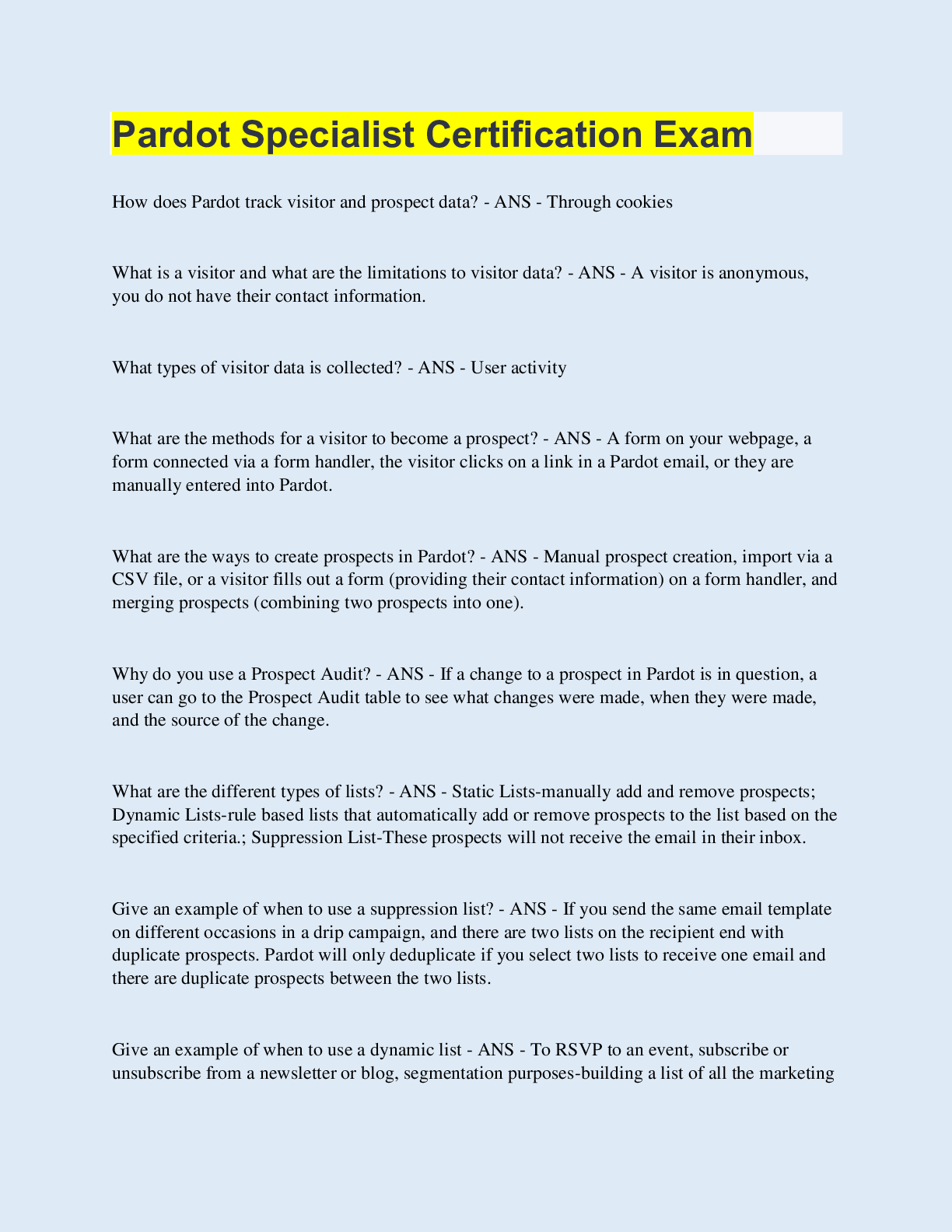 Pardot Specialist Certification Exam Science questions Exam Custom