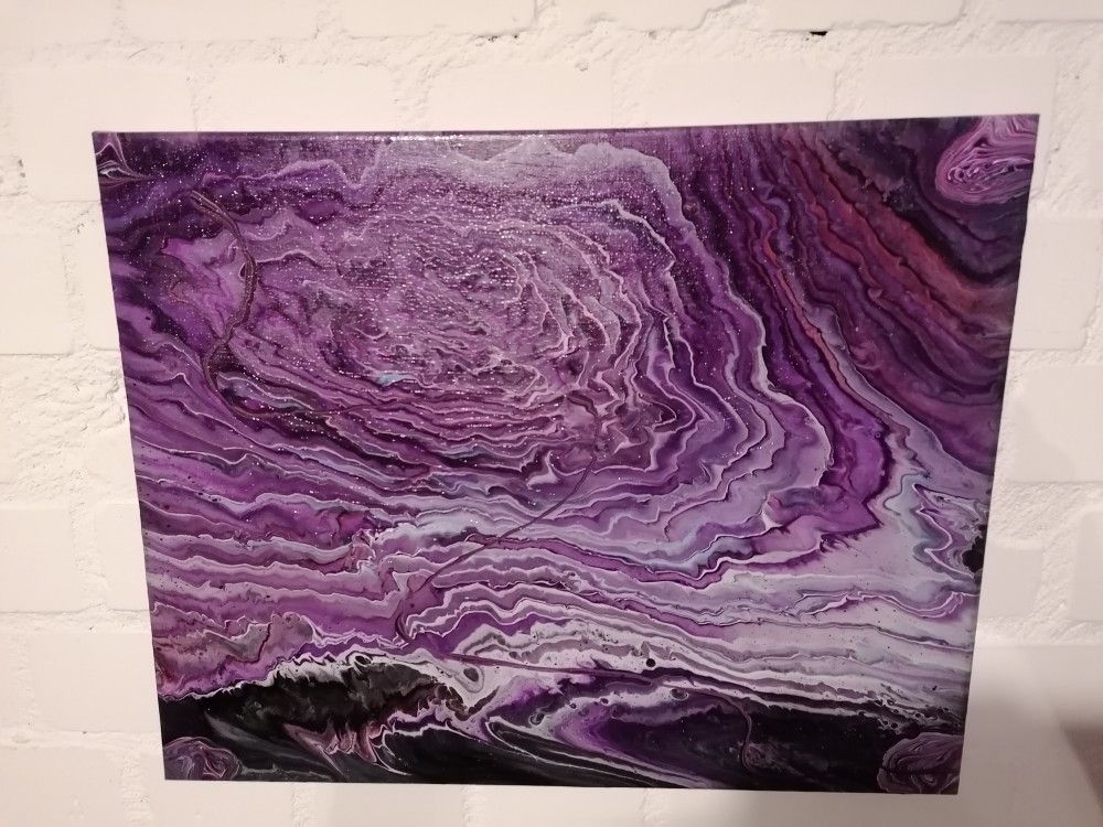 €72.00 50x40 cm acrylic ring-pour painting in purple. One of my first ring pours, when I look at this painting I cannot help but see a version of the Great Red Spot on Jupiter. This is to my knowledge the largest and longest raging storm in the solar system. A storm on a strange world. Hence the title. Great Red Spot, Acrylic Ring, Pour Painting, Weird World, One Ring, Jupiter, Solar System, Starry Night, Strange