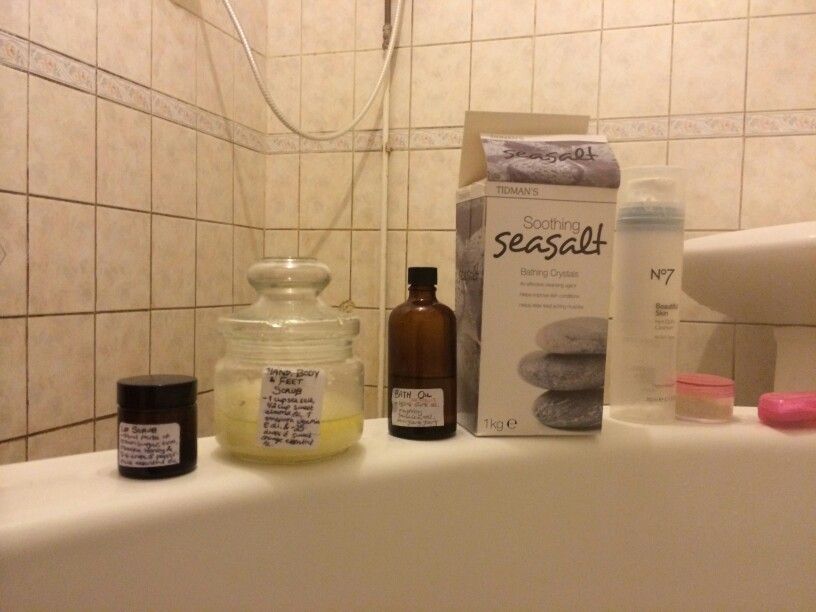 Some of my homemade bath oils, lip scrub and body scrub. 