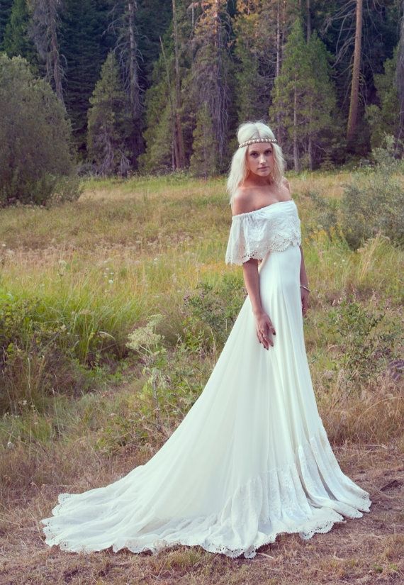Bohemian Wedding Dress 1970s Hippie Gown Cream Ivory Off Bohemian Wedding Dress 1970s Hippie Gown Cream Ivory Off The Shoulder Lace Ruffle Crochet Trim Lu By Sivan Ayun
