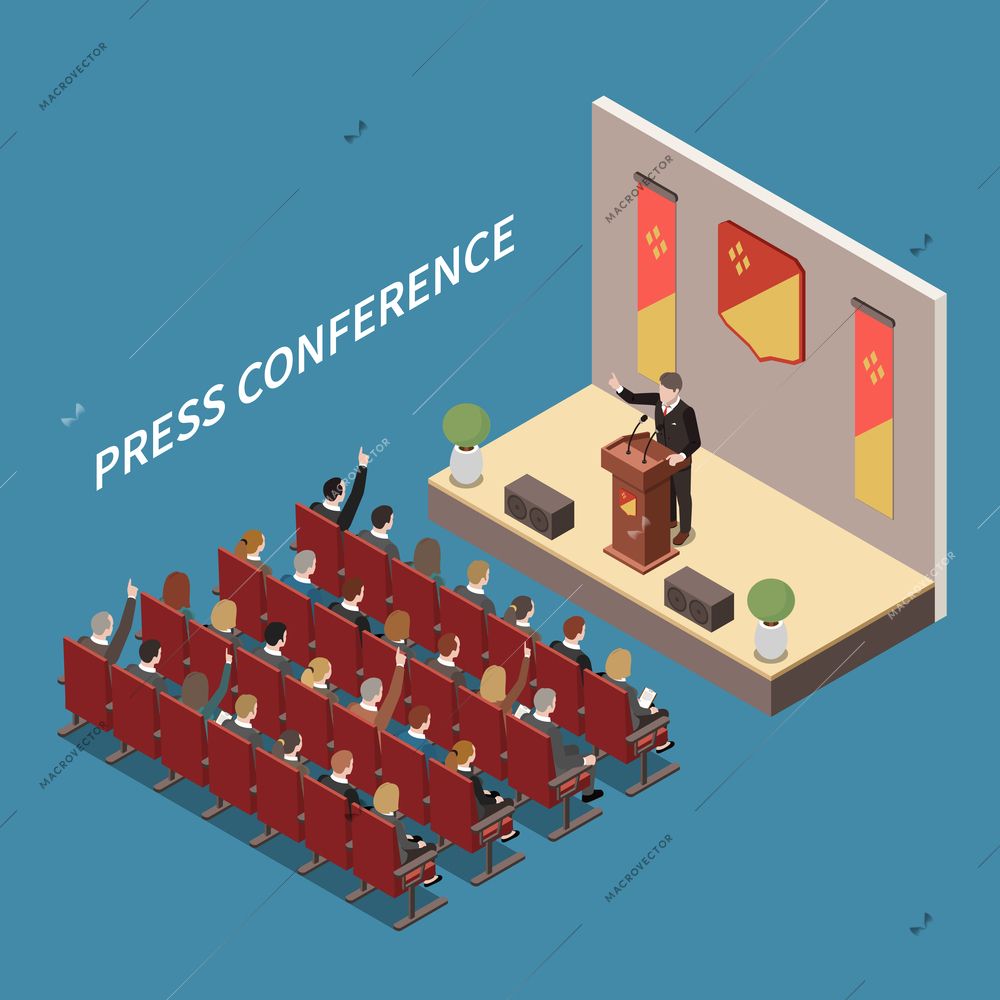 Press conference at central hall isometric composition with speaker on podium media representatives raising hands vector illustration Conference Hall, Conference Design, Meeting Hall, Central Hall, Isometric Design, Hall Design, Digital Artists, Podium, Digital Image