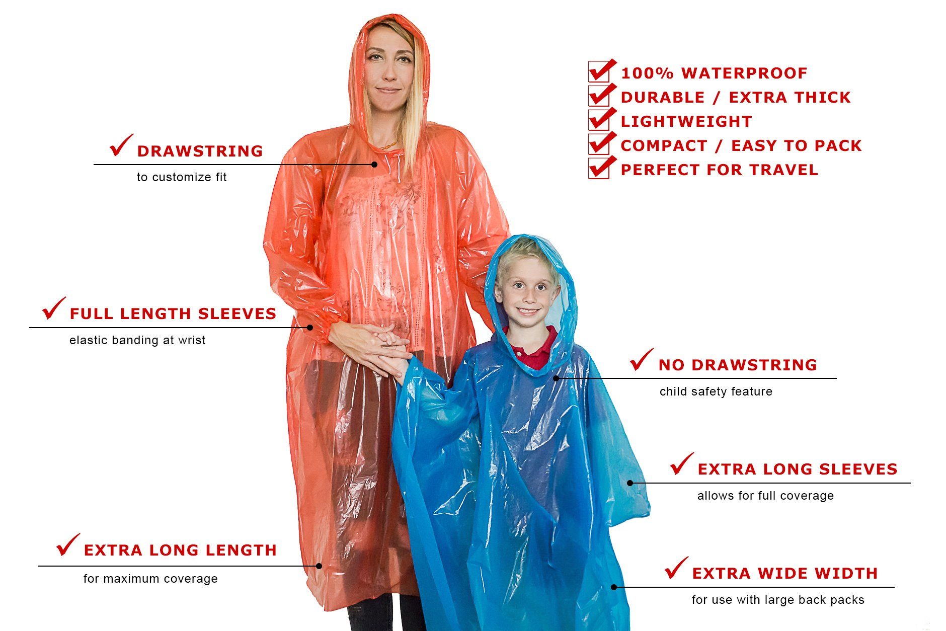 Lingito Rain Ponchos Family Pack | Emergency Raincoat Drawstring Hood ...