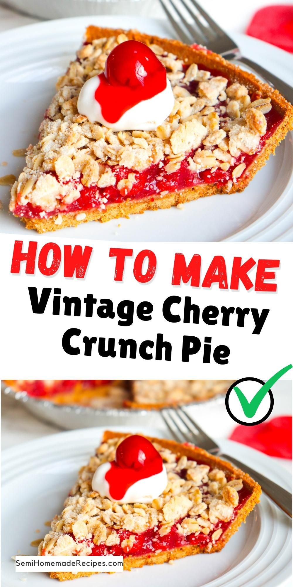 Vintage Cherry Crunch Pie is the perfect cherry pie to make for any party and it's great for dessert after dinner. You'll love how quickly this recipes comes together! The hardest part is waiting for it to cool!