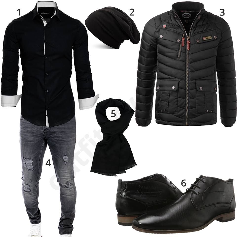 Schwarzes Herrenoutfit mit Schal, Mütze und Steppjacke Schwarzes Herrenoutfit mit Schal, Mütze und Steppjacke