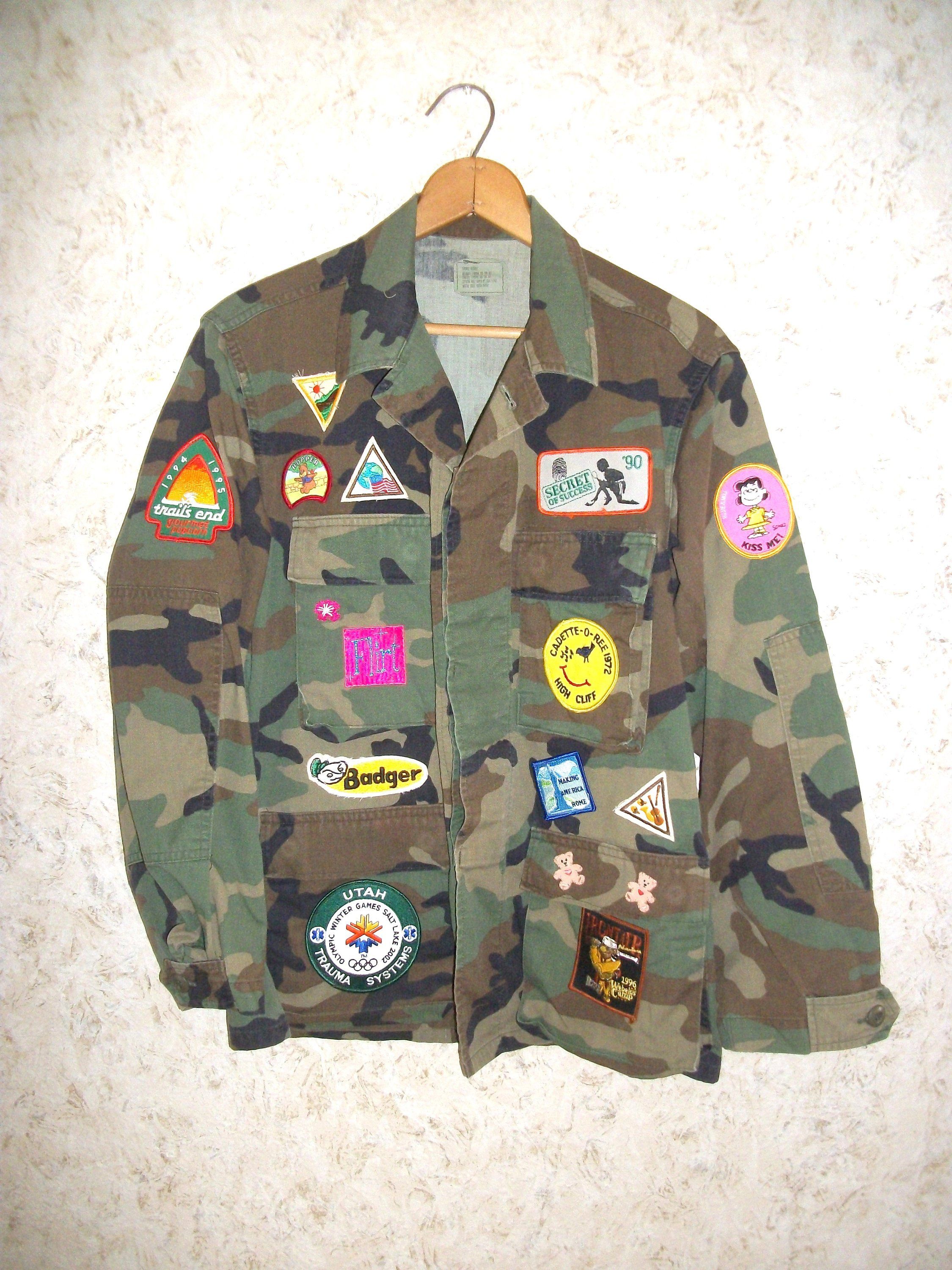 90s Boho Army Issue Military Camo Patched Hunting Jacket Coat Boho Chic Retro 1990s Grunge Oversized Unisex Womens Mens Small