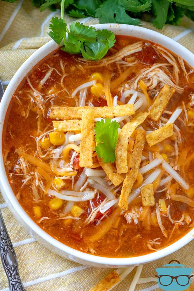 Crock Pot Chicken Tortilla Soup recipe, shown in a small white bowl with an overhead shot of the bowl Chicken Enchilada Soup Crock Pot, Creamy Chicken Tortilla Soup, Chicken Tortilla Soup Recipe Crock Pot, Chicken Crock Pot Meals, Crock Pot Chili, Recipe Chicken, Enchilada Sauce, Chicken Recipes, Crockpot Soup Recipes