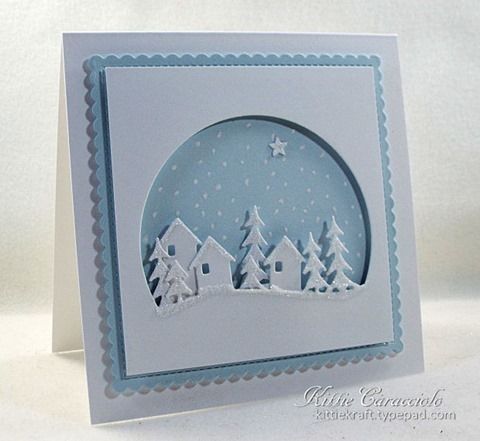 Good Sunday morning. My project today is a country village snow scene made using the Memory Box Countryside Circle paired with the My Favorite Things Mini Scallop Square Stax and a tiny star from the Homemade Christmas Cards, Christmas Cards To Make, Xmas Cards, Homemade Cards, Handmade Christmas, Holiday Cards, Christmas Snow, Cards Diy, Christmas House
