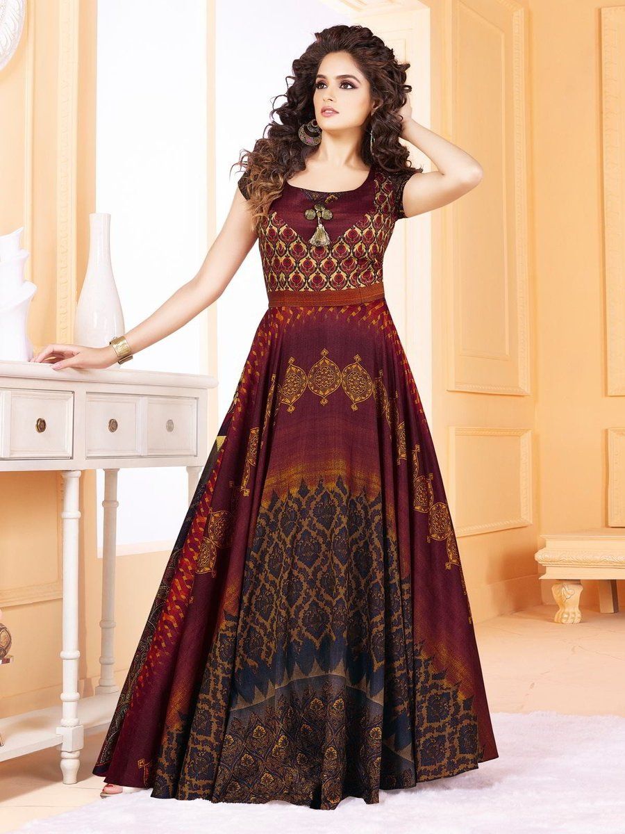 Marron Base With Multicoloured Digital Printed Style Double Flared Anarkali Gown will make you look classy and stylish on this eid or any wedding party with its beautiful minimalist embroidered double flared style Tusser silk gown with flattering digital print flare with santoon inner. Team up this suit set with an ele Anarkali Gown, Saree Dress, Designer Anarkali Dresses, Designer Dresses, Floor Length Kurti, Abaya Fashion, Fashion Outfits, Flared Gown, Ladies Salwar Kameez