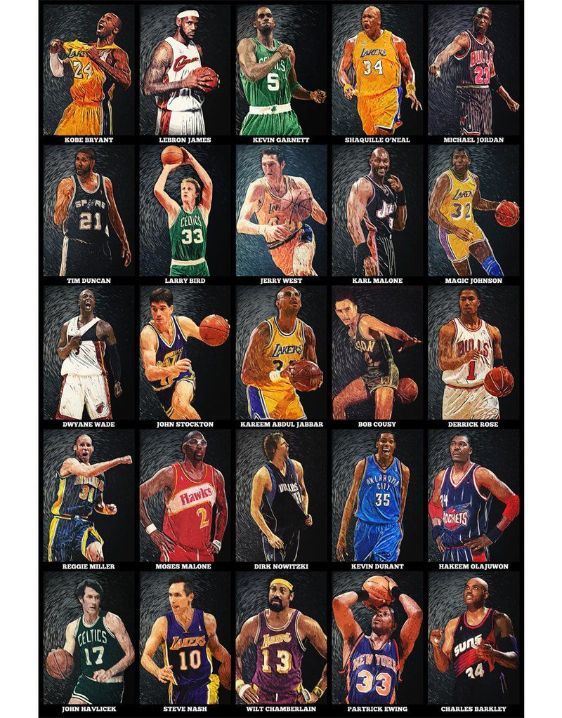 Nba Legends - Art Print - nba, mvp, all-stars, western-conference, eastern conference, basketball, hall of fame, kobe bryant, lebron james, kevin garnett, shaquille o'neal, tim duncan, larry bird, jerry west, karl malone, magic johnson, micheal jordan, dwyane wade, john stockton, kareem abdul jabbar, bob cousy, derrick rose, john havlicek, steve nash, wilt chamberlain, patrick ewing, charles barkley, reggie miller, moses malone, dirk nowitzki, kevin durant, hakeem olajuwon, collage, wall art Nba Basketball Art, Nba Art, Basketball Legends, Love And Basketball, Basketball Quotes, Basketball History, Basketball Shooting, Basketball Vines, Bryant Basketball
