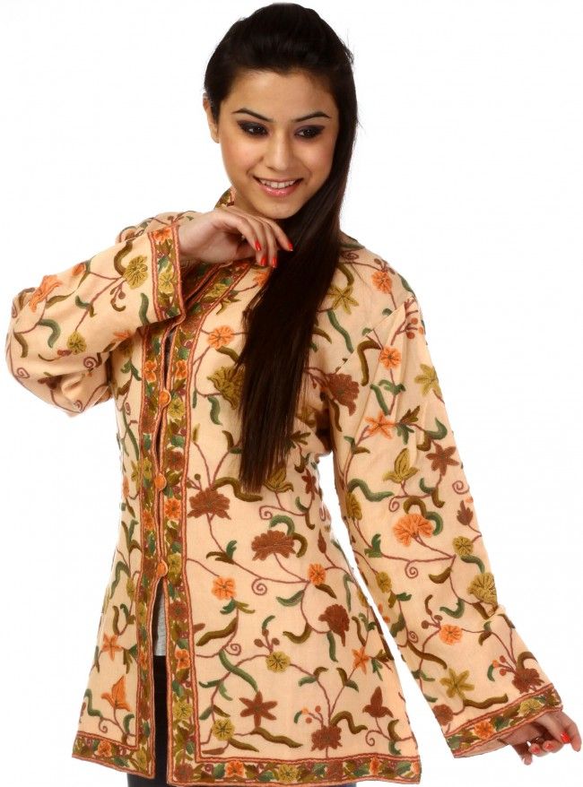Chintz-Rose Kashmiri Jacket with All-Over Hand Ari Embroidery Khaki Jacket, Aari Embroidery, Chintz, India Art, Womens Tops, Kimono Top, Cute Outfits, Textiles, Saree
