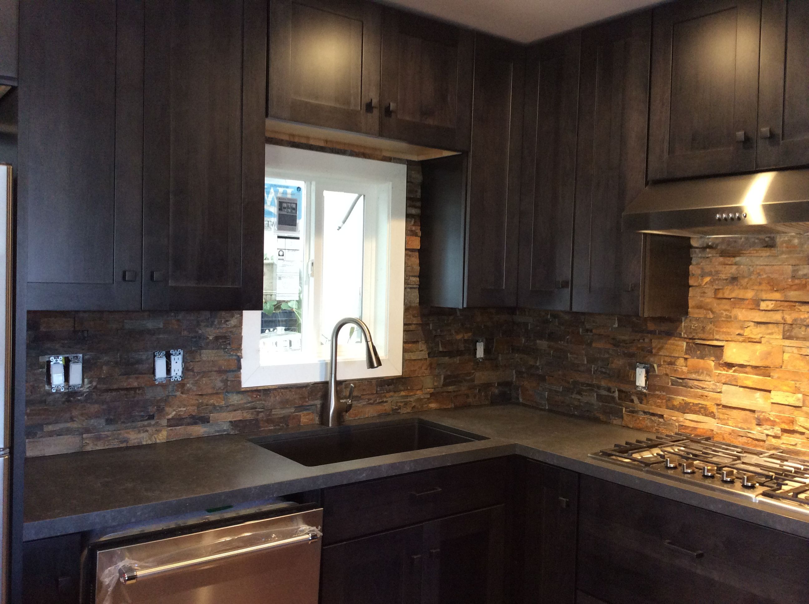 Granite Sink With Metropolis Dark Quartz Counters, Stacked Sunset Backsplash Dark Kitchen, Granite Sink, Kitchen Counter - Granite Sink With Metropolis Dark Quartz Counters, Stacked Sunset Backsplash Dark Kitchen, Granite Sink, Kitchen Counter