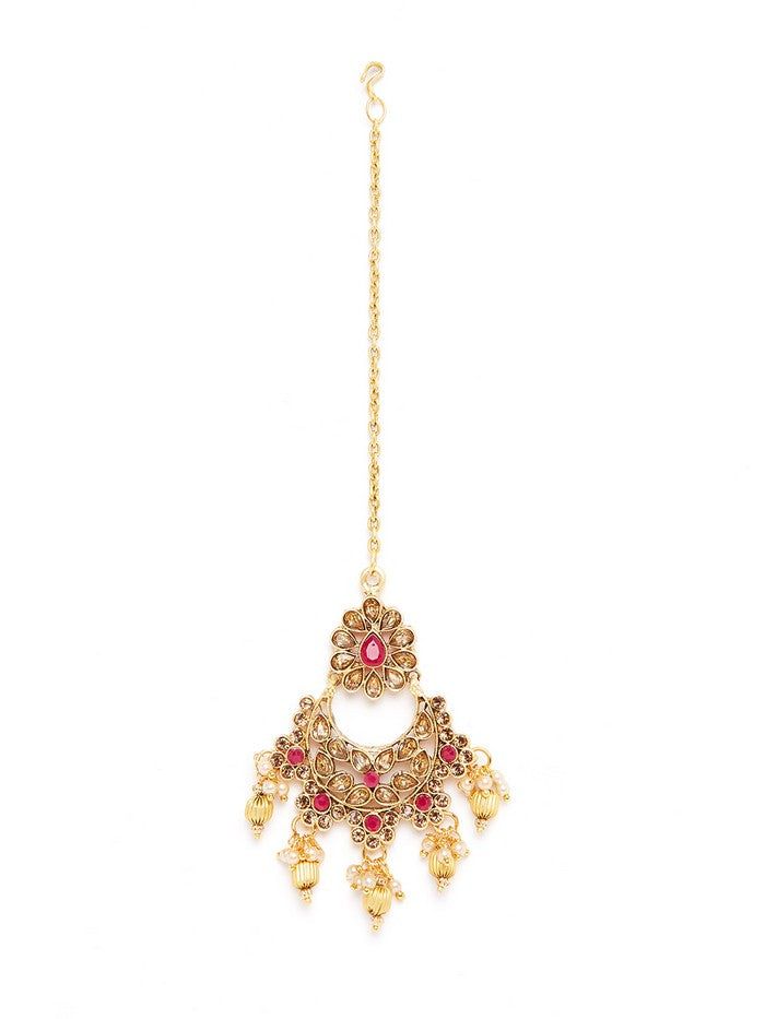 This jewellery set consists of a necklace and a pair of earrings gold plated beaded necklace with red and white stone and pearl studded detail, secured with a drawstring fastening a pair of matching drop earrings, secured with fish hook earw ire closure. Product Features : Color: Gold Material: Alloy Plating: Gold Palted Occasion: Ethinc Product Weight: 115 grams Wipe with a soft cotton cloth when needed. Length of The Necklace: 26 cm Length of The Earrings: 7 cm Length of The Maang Tikka: 15 cm Alloy Necklace, Beaded Necklace, Gold Necklace, Gold Earrings, Drop Earrings, Pearl Studs, White Stone, Fish Hook, Gold Material
