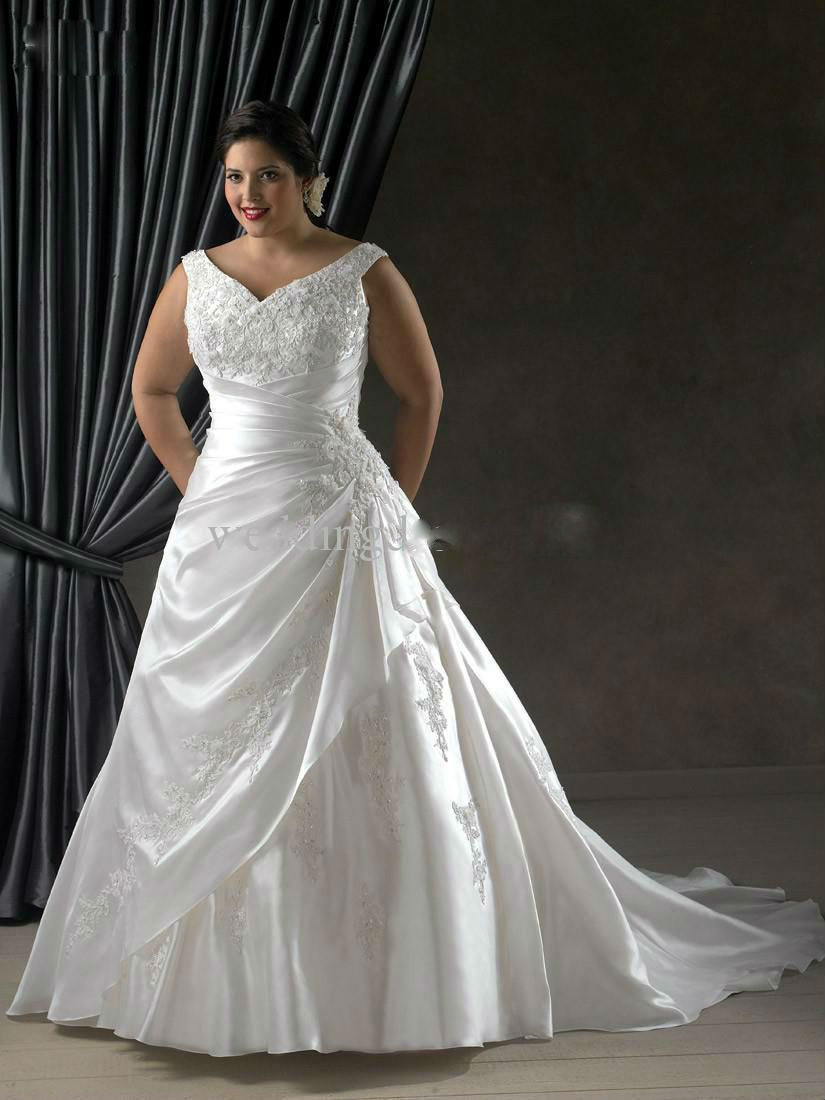Custom Plus Size New V-neck Applique A-Aline Satin White Wedding Dress