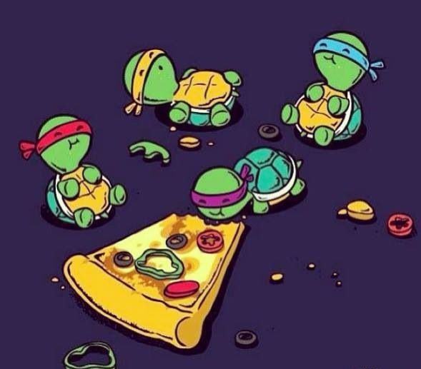 baby ninja turtles eating pizza