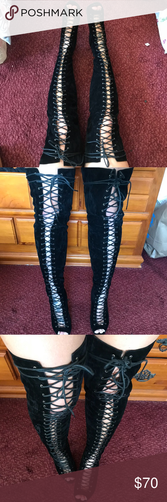 black lace up thigh heels