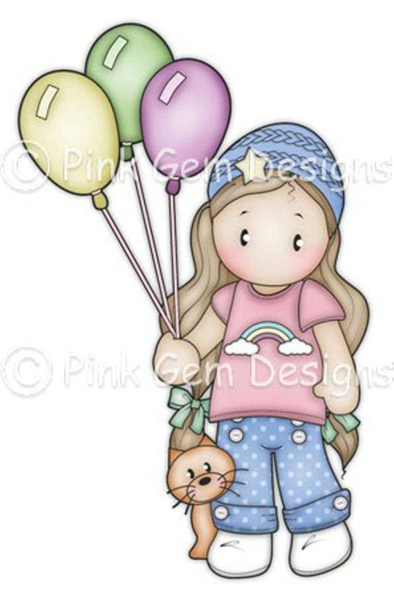 Digi sello Chloe con globos. Tarjeta de cumpleaños hacer Scrapbooking