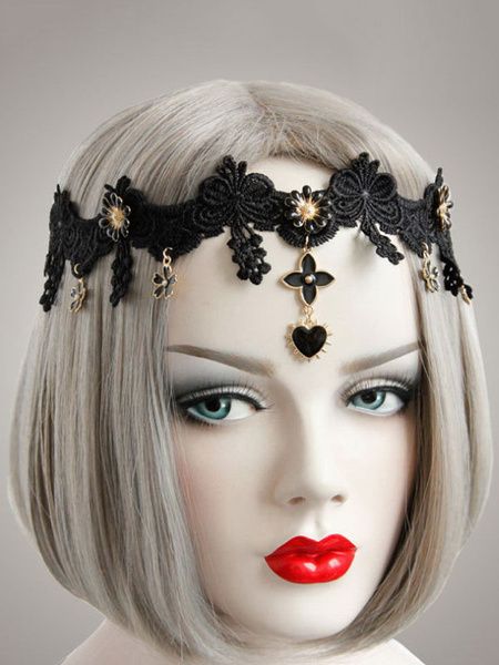 Bandeau gothique Lolita Accessoire pour cheveux Lolita noir en dentelle métallisée