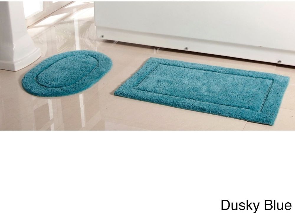 Dusky Blue Cotton Bath Rug Textured Border Non Skid Latex Backing Dusky Blue Cotton Bath Rug Textured Border Non Skid Latex Backing Set Of 2