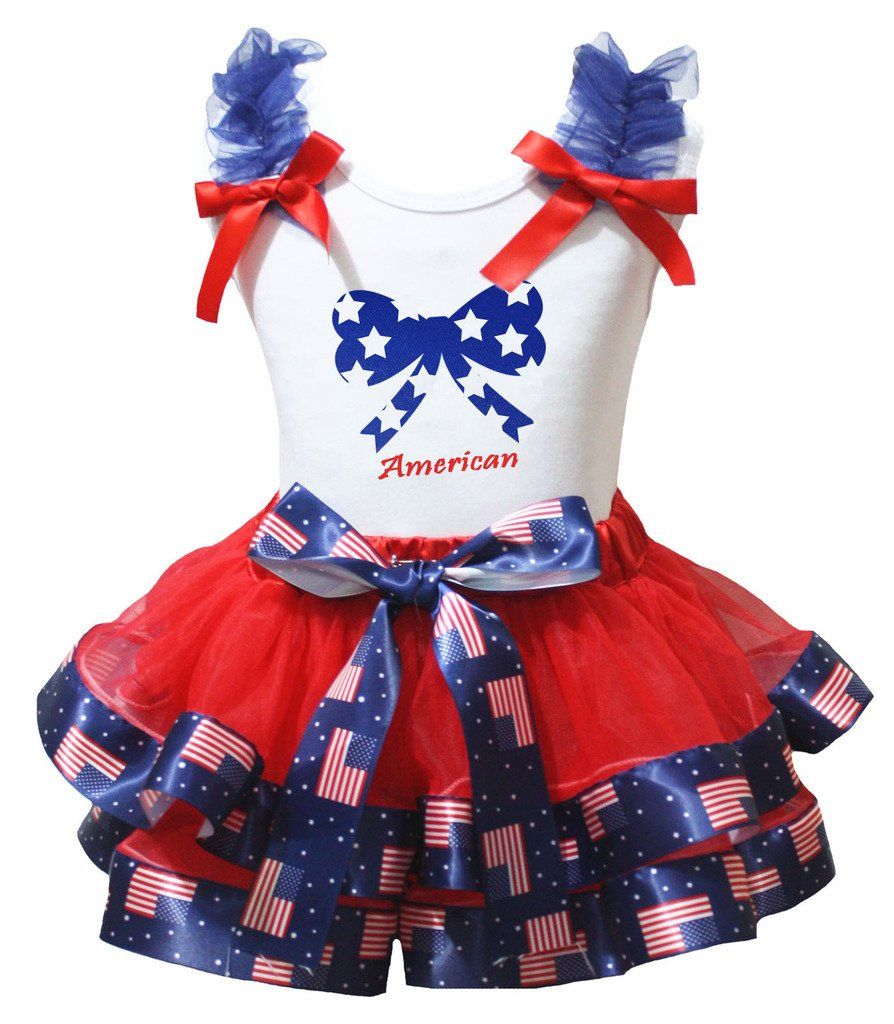 4th July Plain White Top Red White Blue Striped Satin Trim Skirt Girls Set NB-8Y