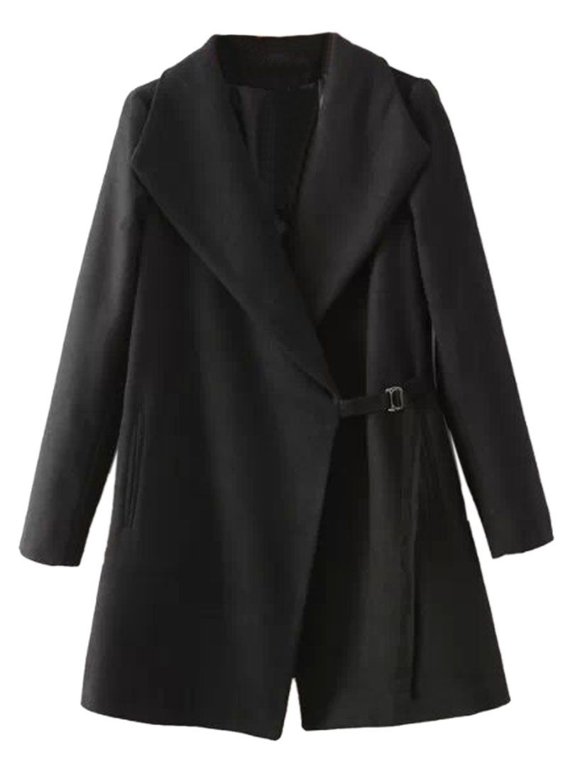 Single Button Woolen Coat Black Wool Blend Boyfriend Coat