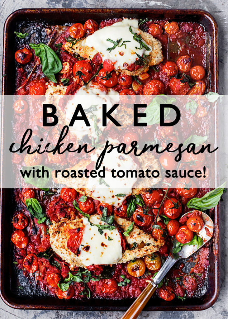 Easy One – Tray Baked Chicken Parmesan with Roasted Tomato Sauce is full of garlic, cheese, fresh herbs, and tomato sauce with bursted tomatoes and deep rich flavor. | easy baked chicken parmesan recipe | parmesan crusted tray bake chicken with lemon, garlic, pasta and spinach recipe #sponsored by @muirglen @thefeedfeed #MyMuirGlen #feedfeed #sponsored Chicken Parmesan Recipes, Spinach Recipes, Savoury Recipes, Foodie Recipes, Delicious Recipes, Cooking Recipes, Yummy, Roasted Tomato Sauce, Roasted Tomatoes
