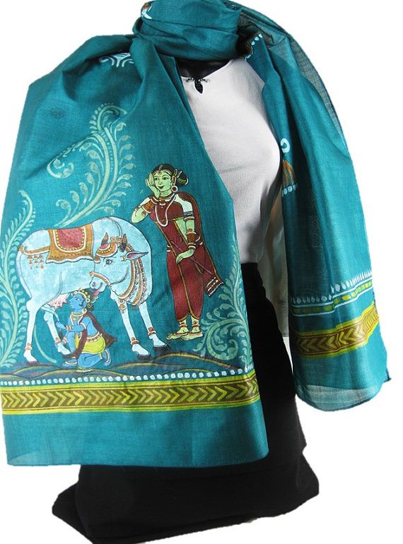 Kalamkari Hand Painted Pure Tussar Silk Scarf Scarves